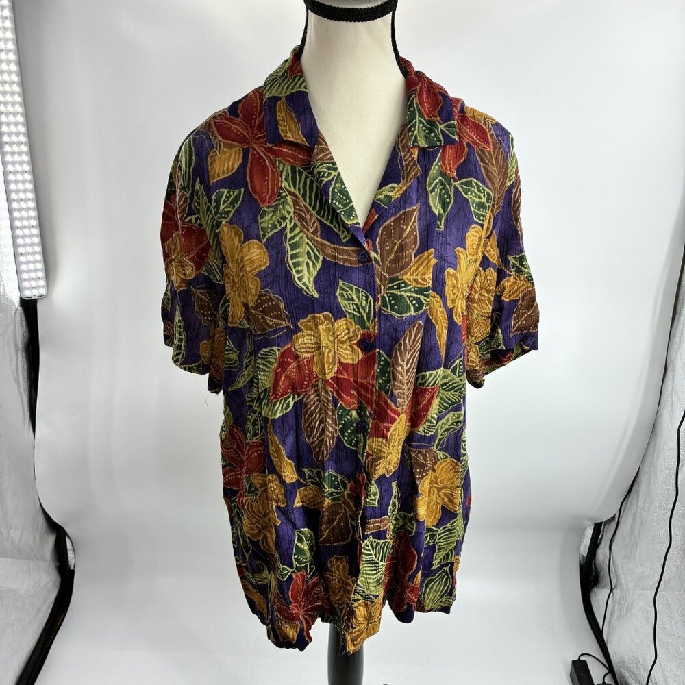 Alfred Dunner Women's 16W Plus Size Purple Floral Tropical Button Up Blouse Top